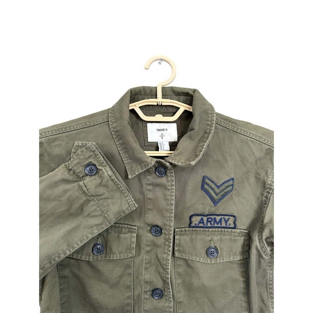Forever 21 Button Long Sleeve‎ Shirt Women's S Army Military Green Patches